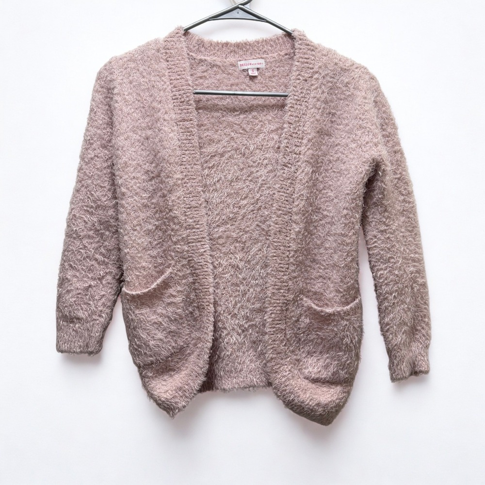 Design History Fuzzy‎ Knit Cardigan Dusty Rose Pink Open Front Pockets Size S